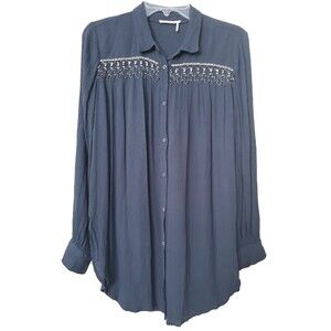 Anthropologie Floreat Beaded Long Sleeve Gauzy Crepe Button-Up Blue Size Medium